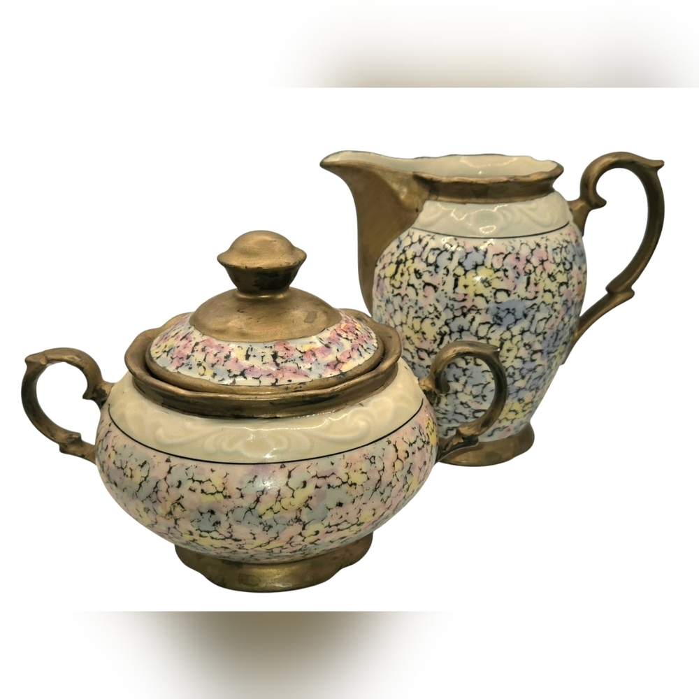 Vintage 2 Pc Pastel Floral Bavaria Dekor Feinsilber Creamer/Sugar Bowl Set Gold